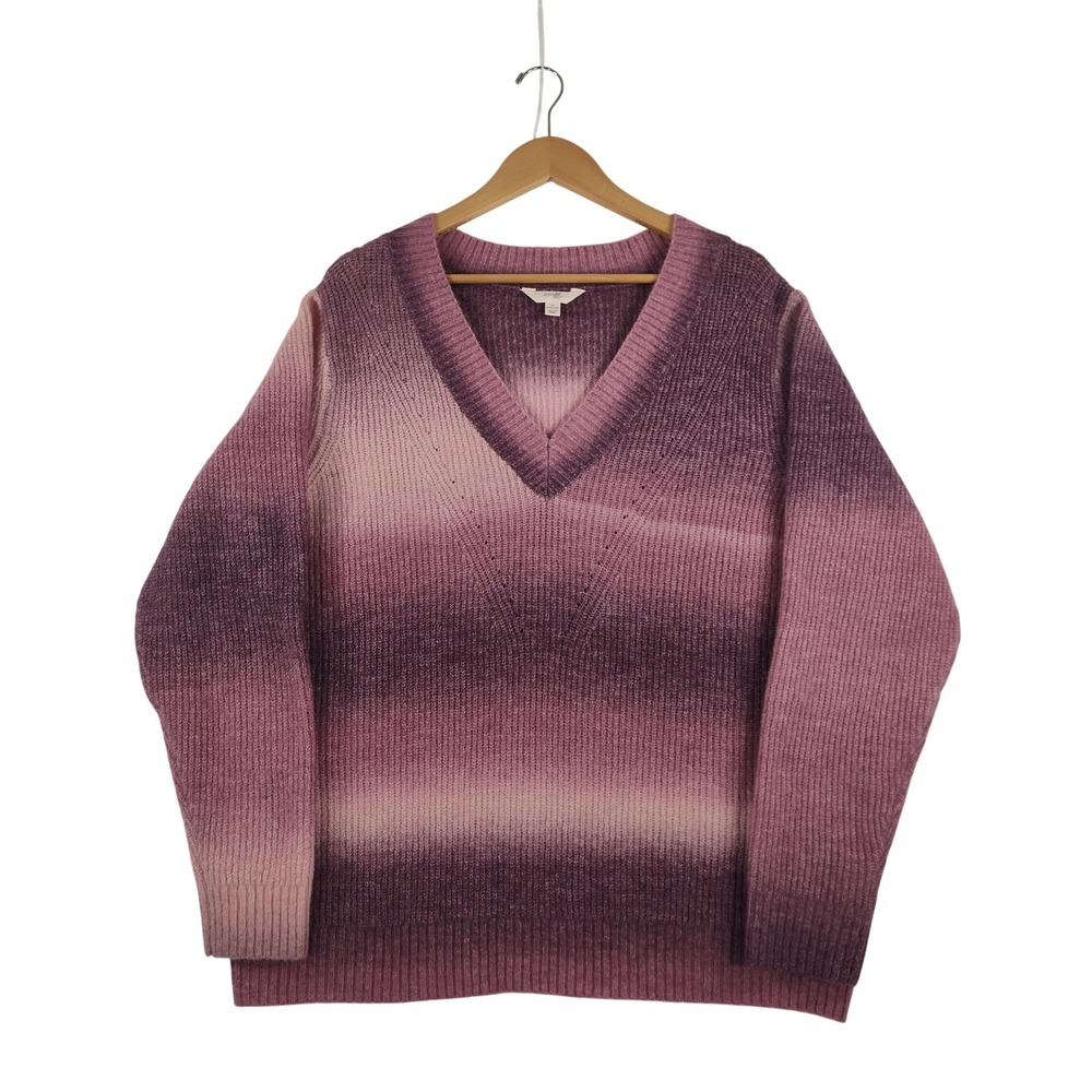 Terra & Sky Womens 1X Purple Ombre V-Neck Ribbed Knit Sweater Space Dye Pullover